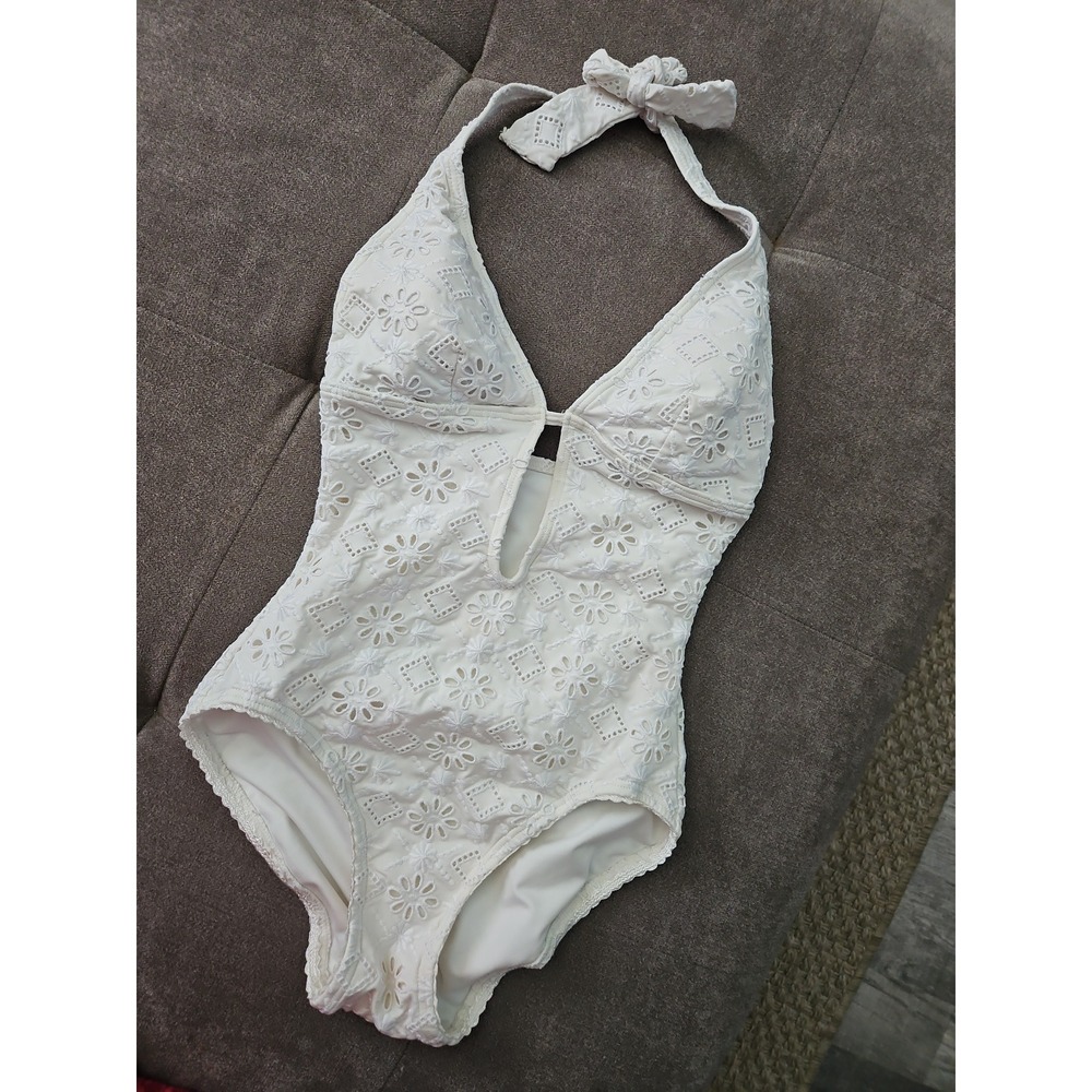 Kate Spade White Eyelet Lace Swimsuit | Floral Embroidery Halter One Piece | XS